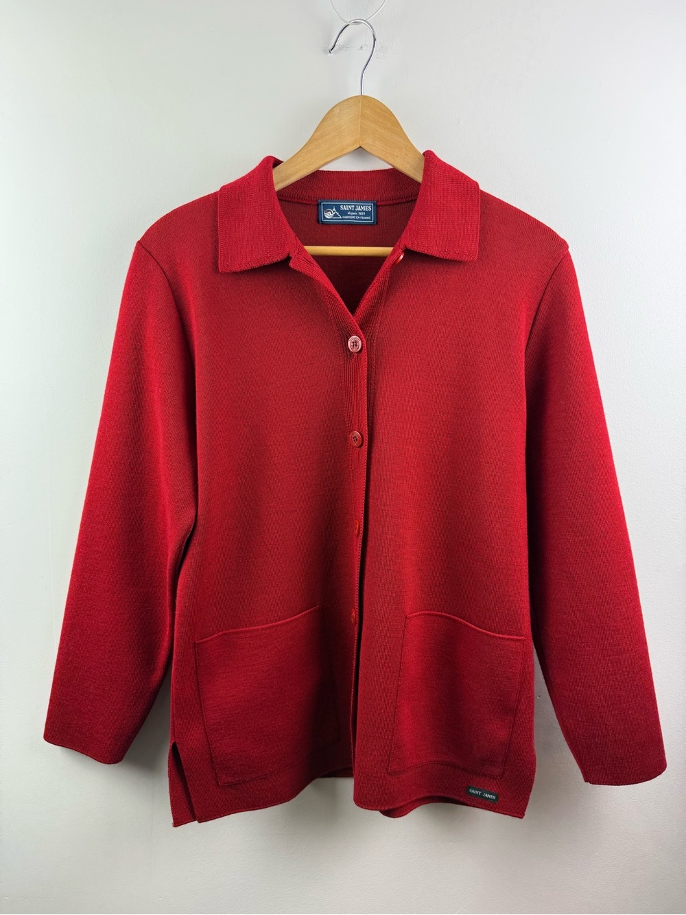 Vintage SAINT JAMES France Red 100% Wool Anchor Button Chore Cardigan Jacket